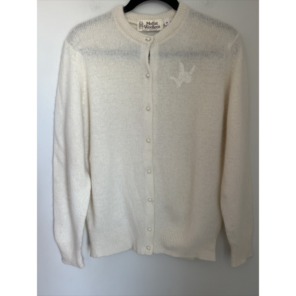 Vintage Moffat Woollens Wool Angora Cardigan Sweater Size 38 Scotland Embroidery